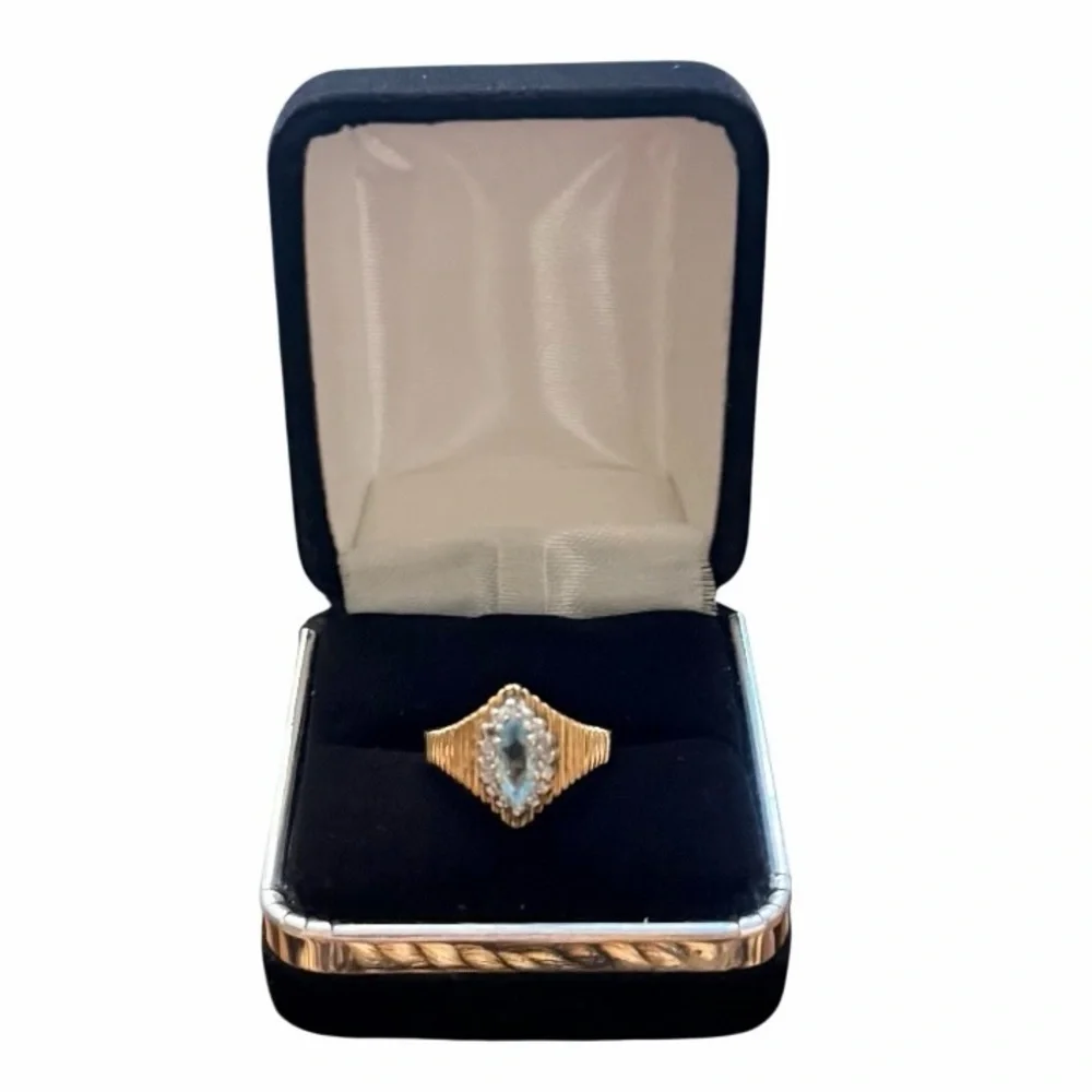 Vintage 14K Yellow Gold Marquise Blue Topaz and Diamond Halo Ring Size 6.5